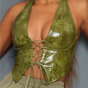 NEW W/ TAGS olive faux leather plunge halter top